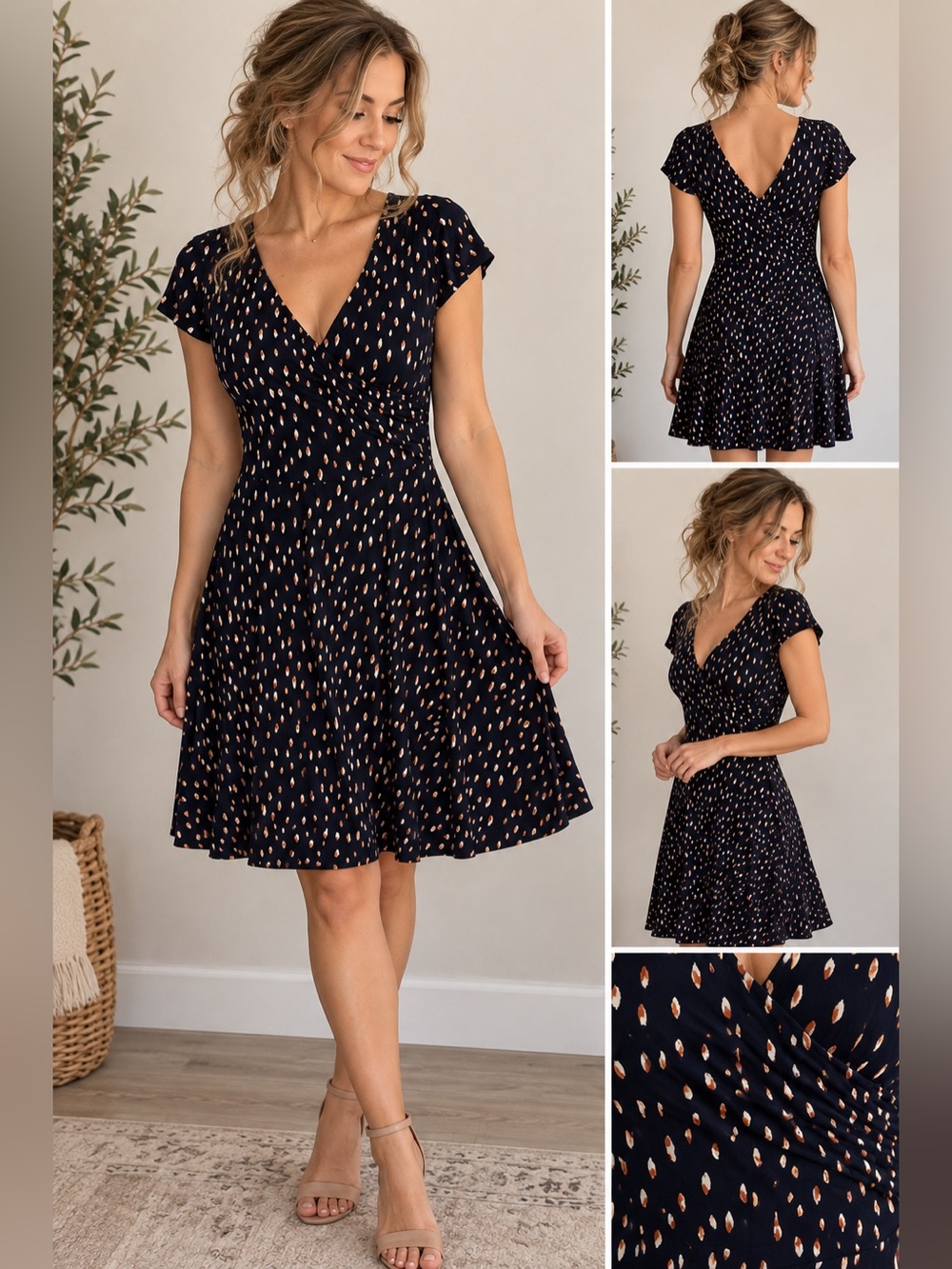 Kaileigh Navy Printed Faux Wrap V-Neck Fit & Flare Dress Size M